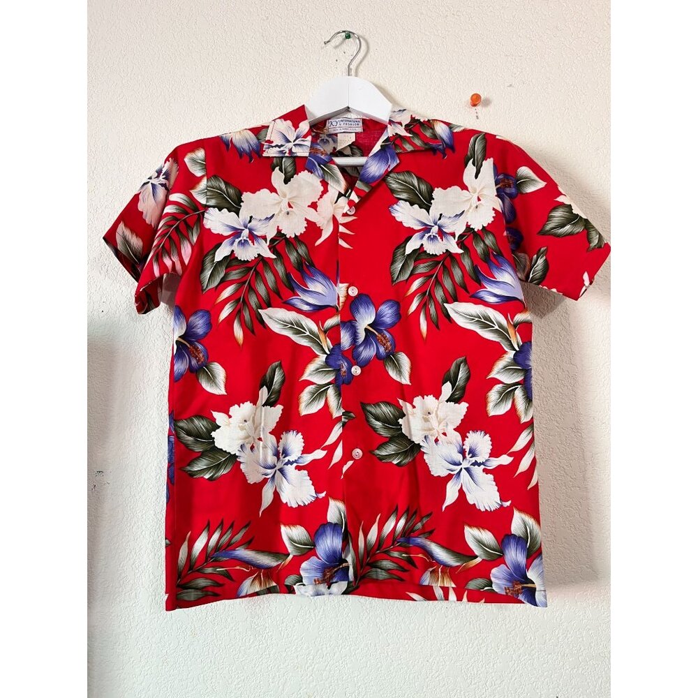 KYs International Men Red Floral Hawaiian Shirt XL Cotton Short Sleeve Button Up